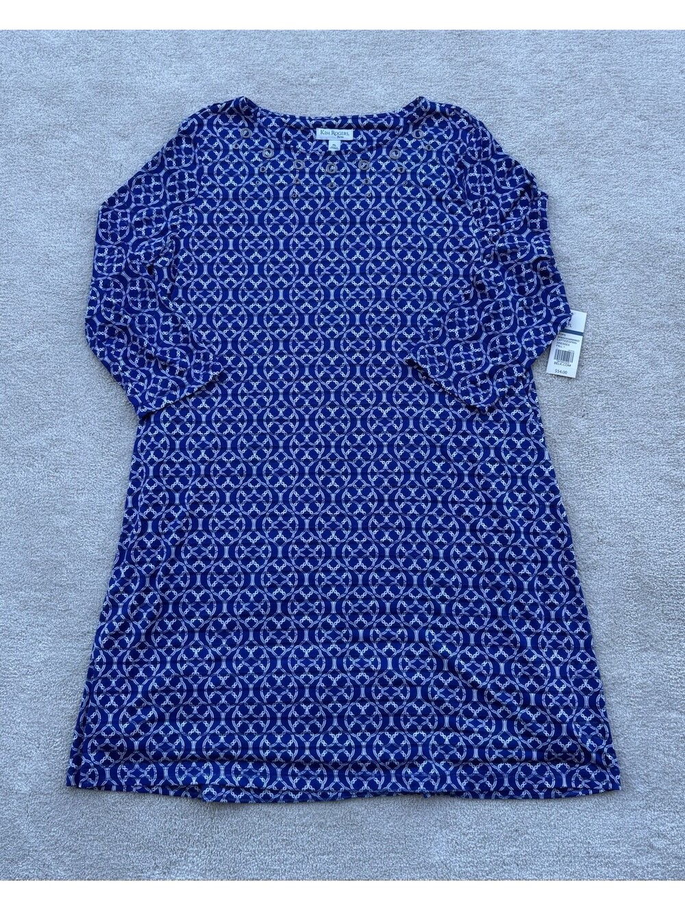 Kim Rogers New W Tag Blue 3/4 Sleeve Midi Dress Petite Lrg Burnout Stripe Eyelet